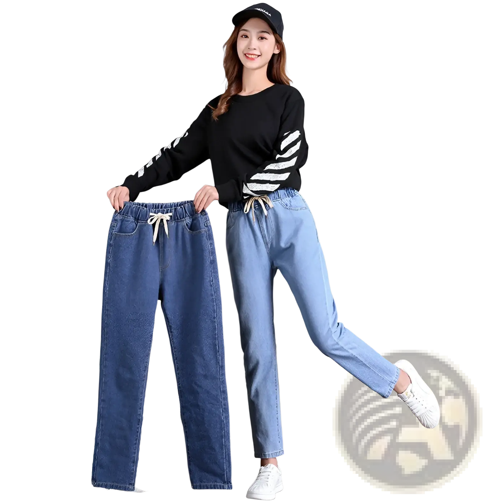 A pair of Korean style high waist straight light-wash denim jeans with elastic waistbands and white drawstrings