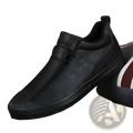 Black leather Korean style men’s high heel slip-on sneaker with zipper closure and textured rubber sole