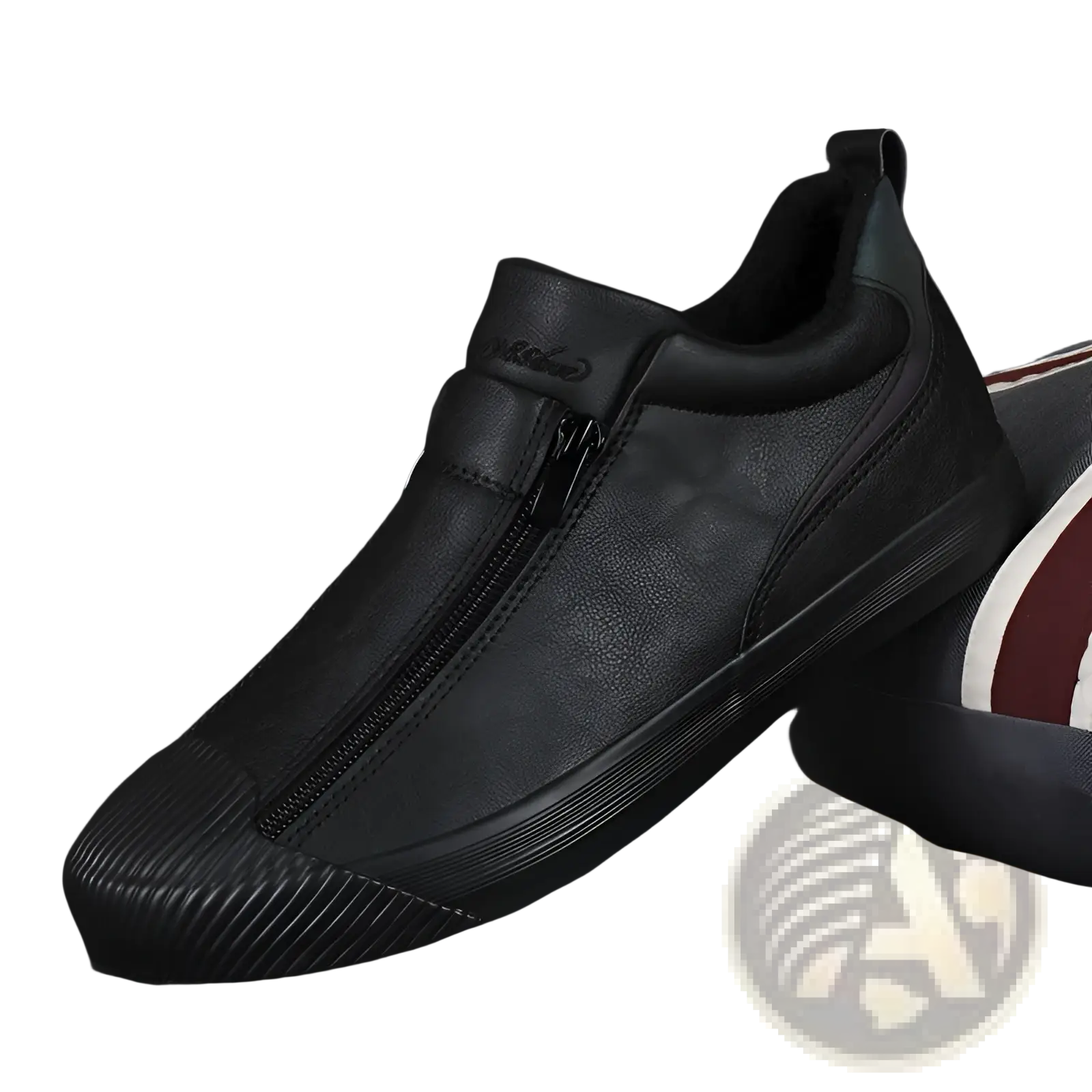 Black leather Korean style men’s high heel slip-on sneaker with zipper closure and textured rubber sole