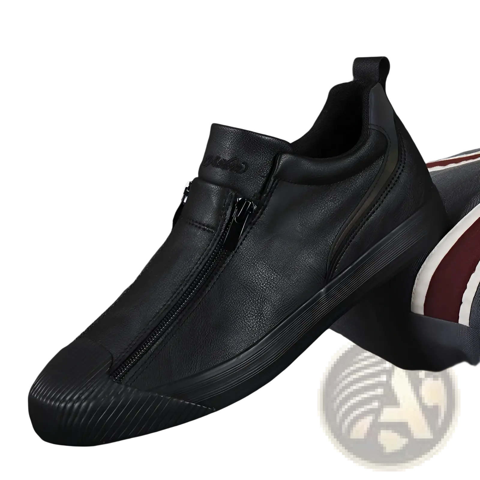 Korean style men’s black leather slip-on sneakers with zipper closure and textured rubber sole