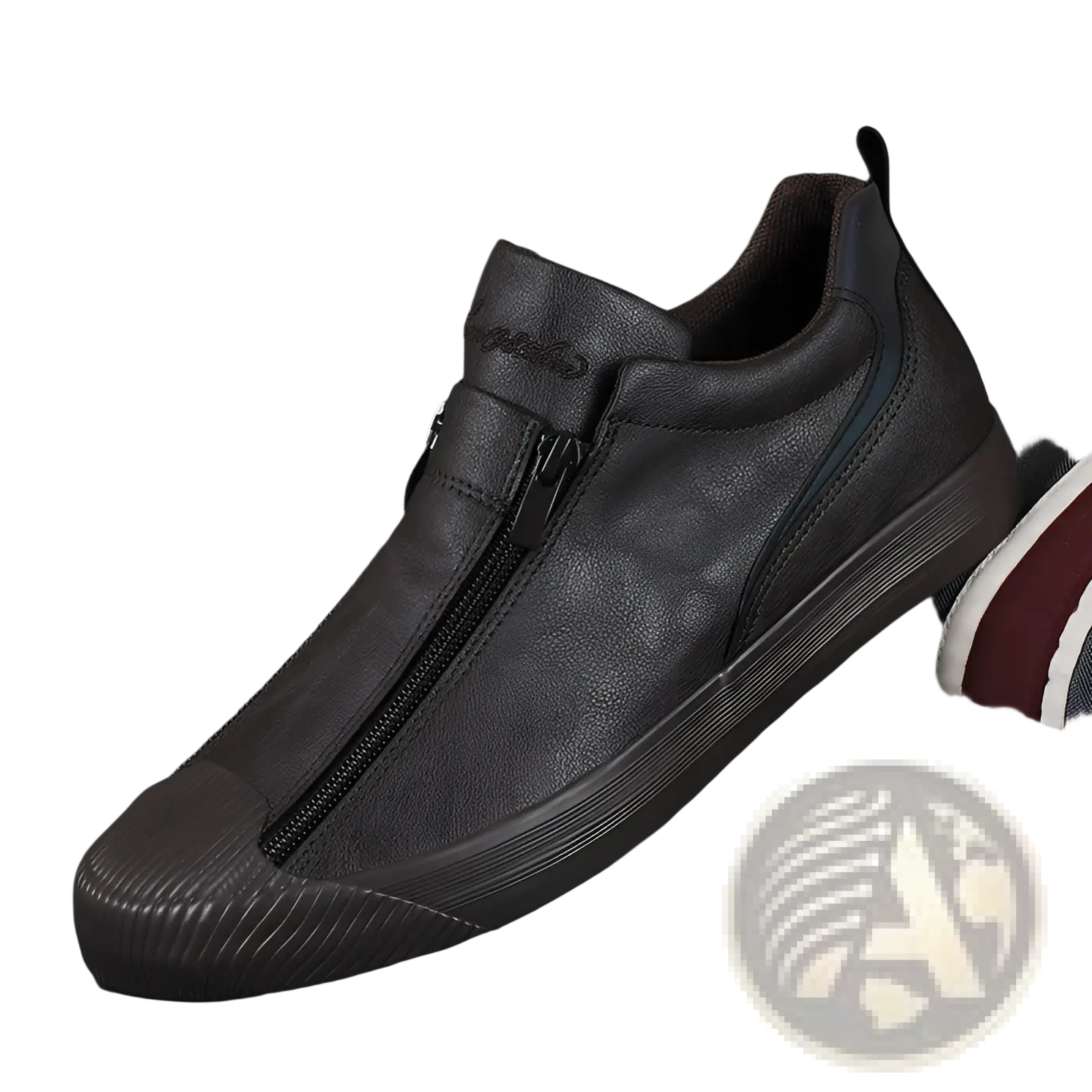Black leather slip-on sneaker with zipper closure and textured rubber sole from Korean style men’s high heel leather zipper sneakers