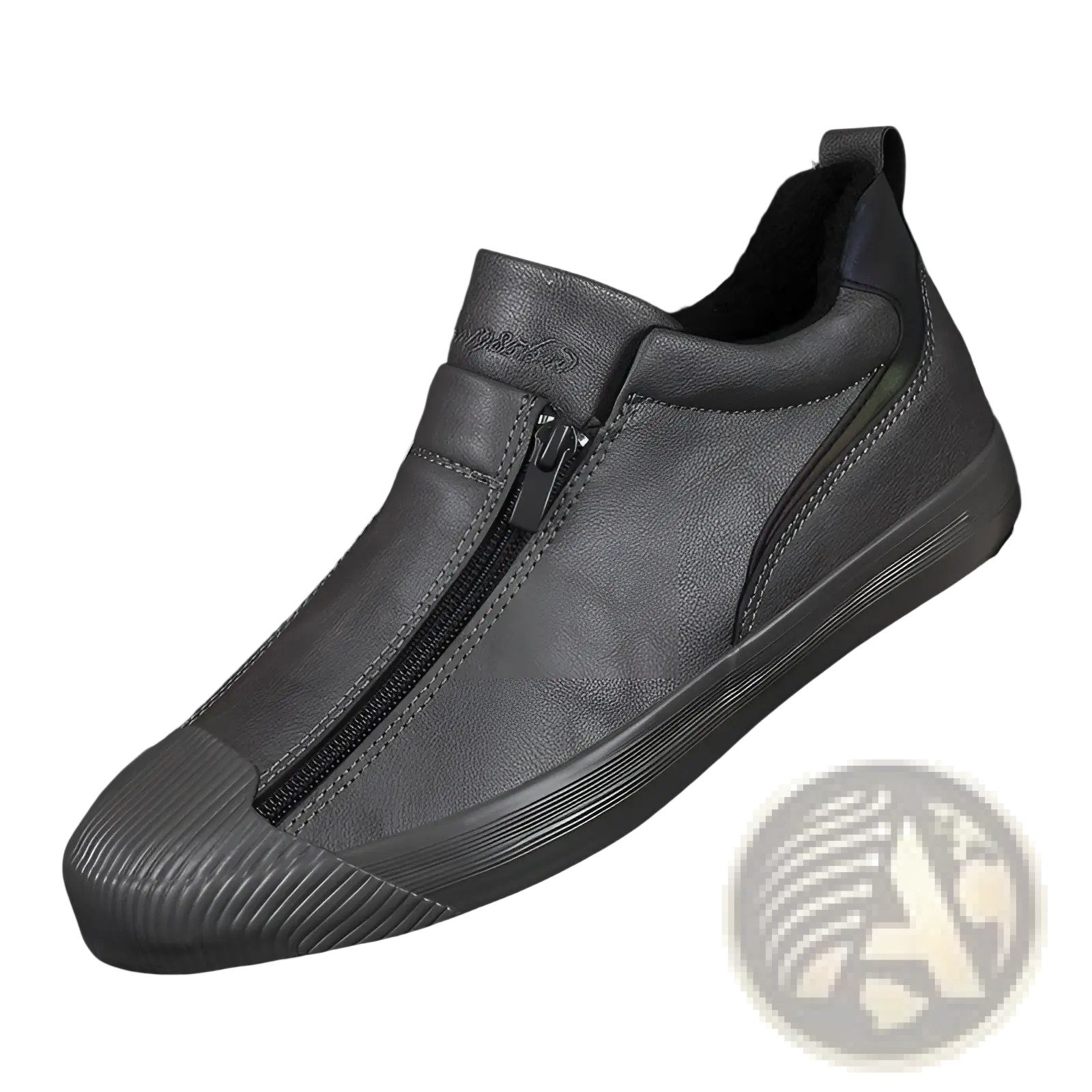 Dark gray leather Korean style men’s high heel slip-on sneaker with side zipper and textured rubber toe cap