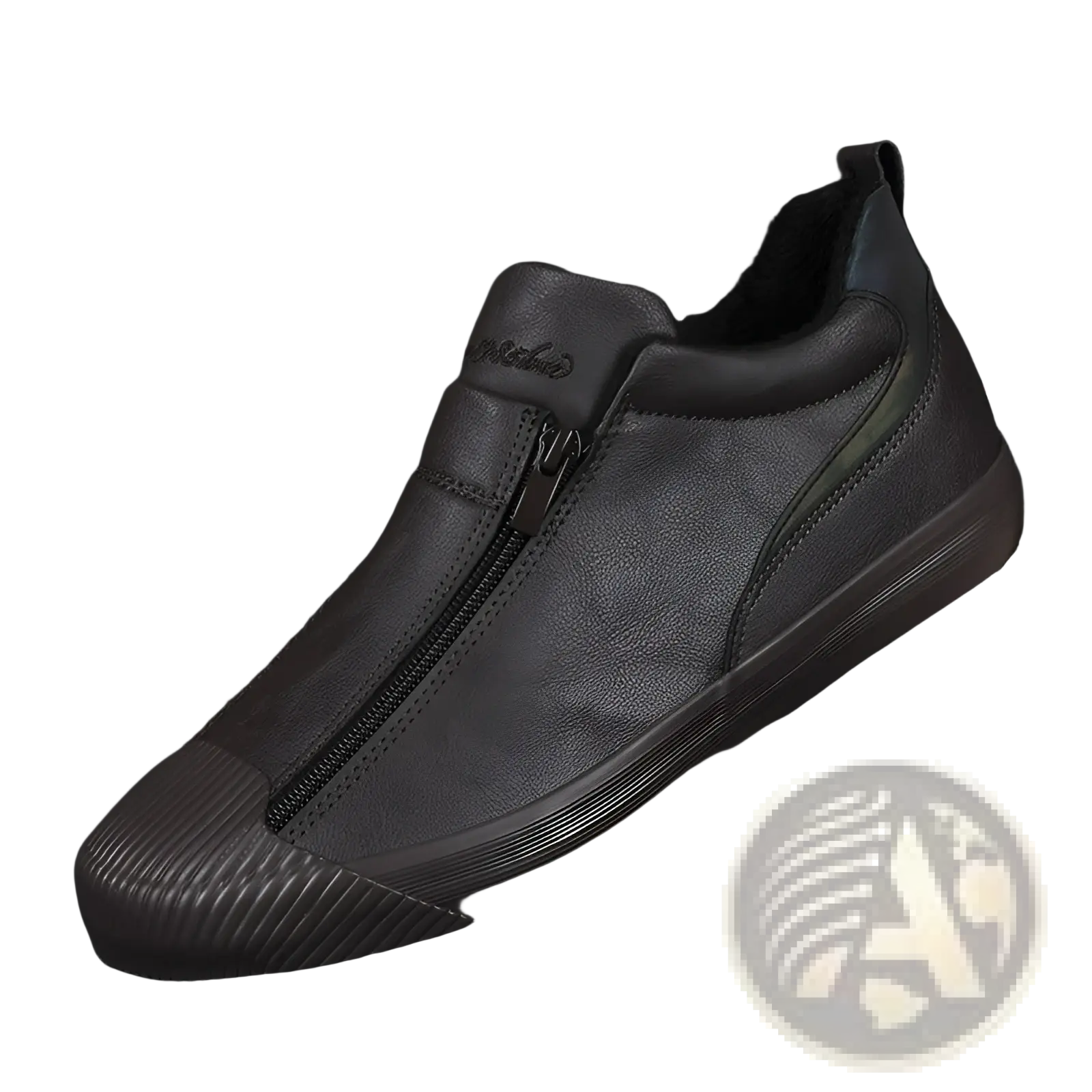 Black leather Korean style men’s high heel slip-on sneaker with side zipper and ribbed rubber toe cap
