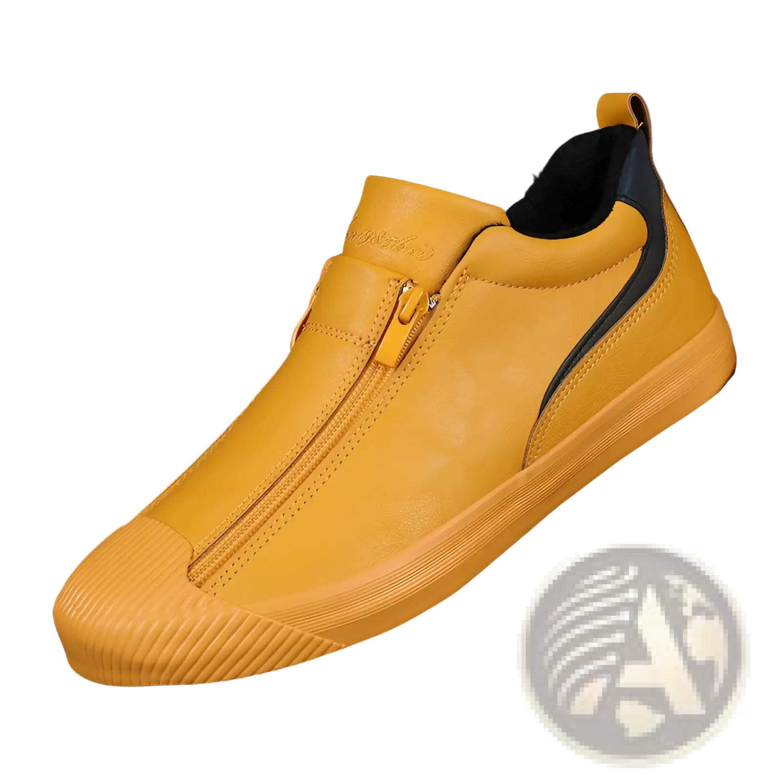 Yellow leather slip-on sneaker with black accent stripe and zipper closure for korean style men’s high heel leather sneakers