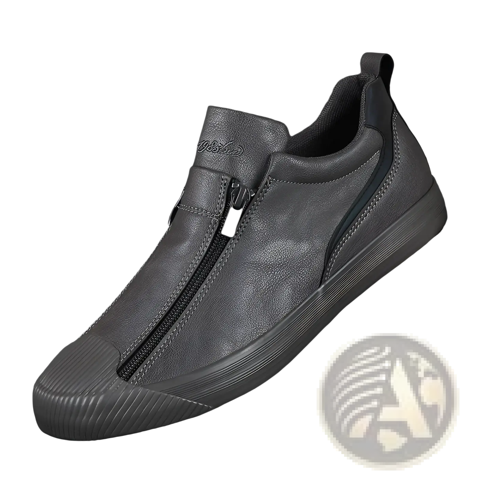 Gray suede Korean style men’s high heel leather slip-on sneakers with black zipper and textured rubber sole