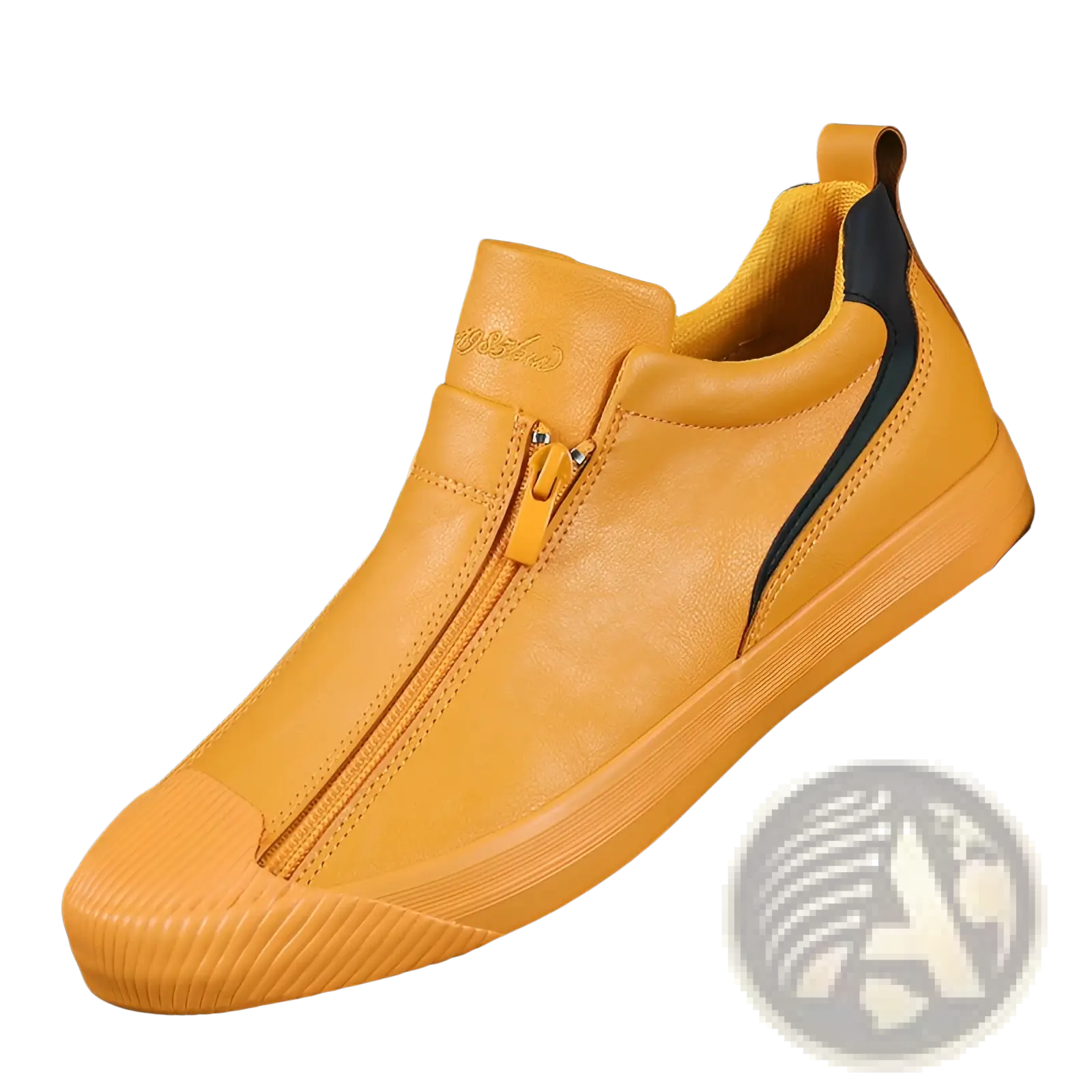 A vibrant yellow leather Korean style men’s slip-on sneaker with zipper closure and black accent stitching