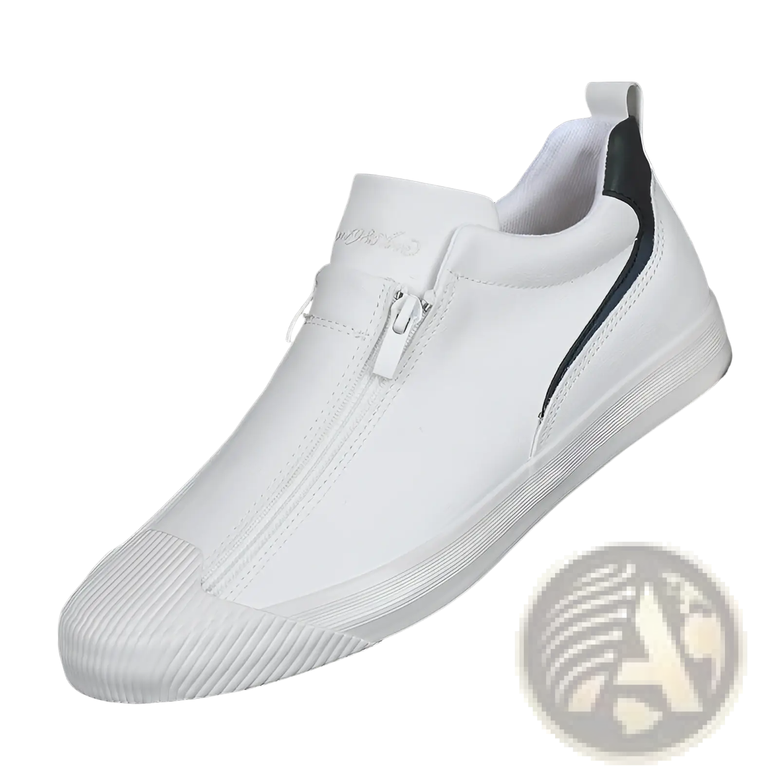 Korean style men’s white leather slip-on sneaker with zipper closure and black accent stitching