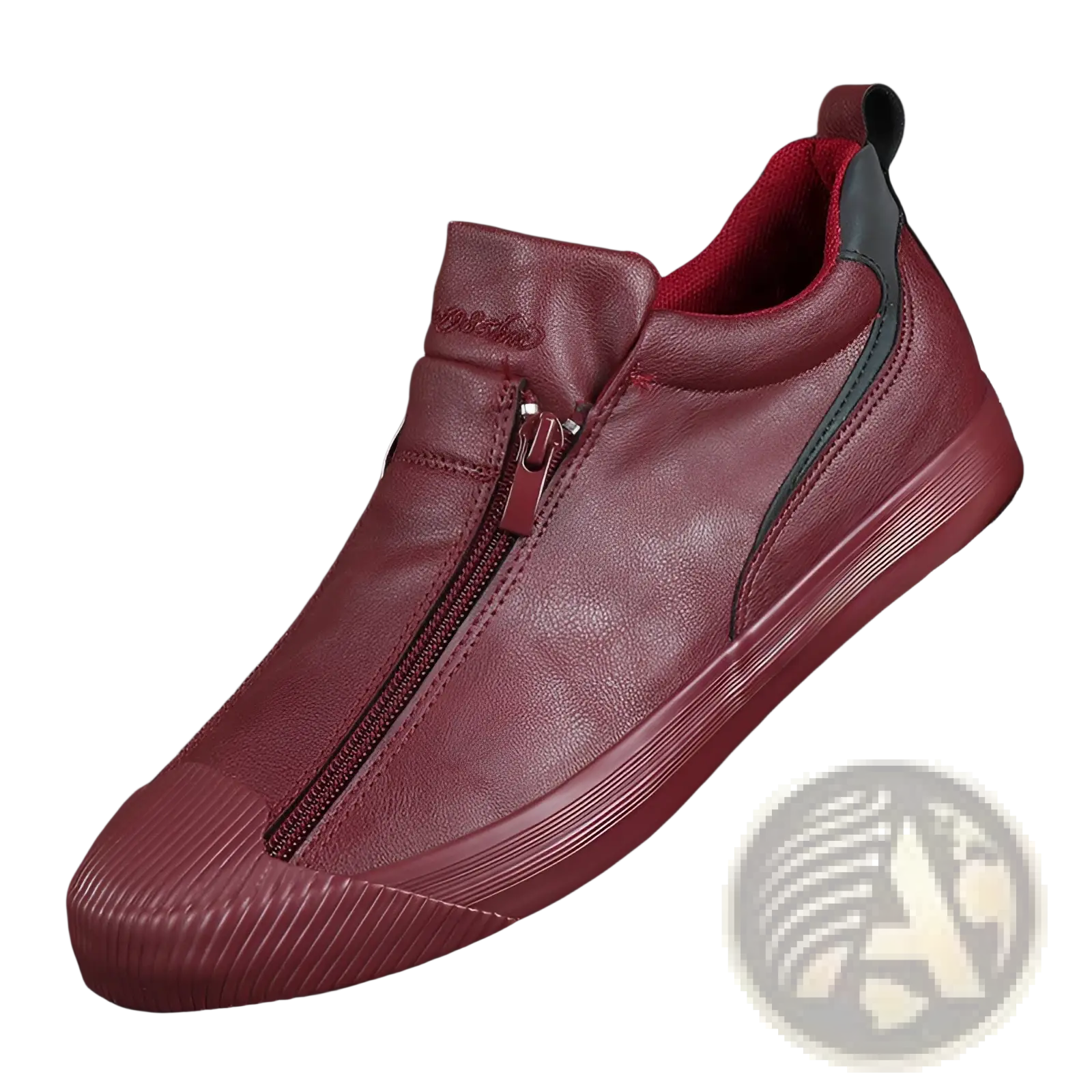 Maroon leather Korean style men’s high heel slip-on sneaker with zipper closure and black accents