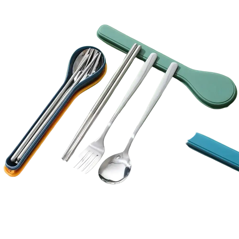 Korean style portable stainless steel cutlery set with sleek utensils and colorful silicone carrying cases in five colors