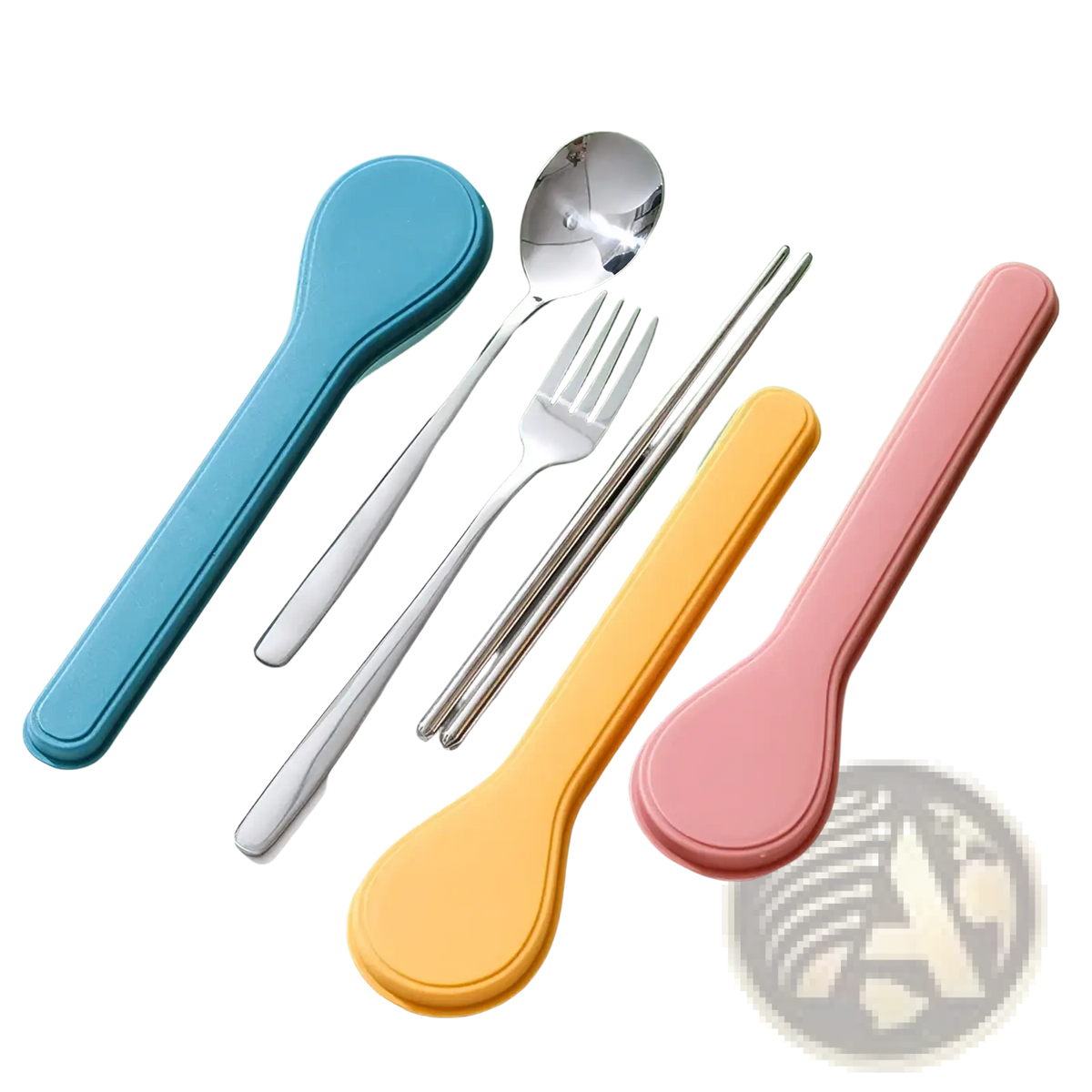 Set of colorful silicone handled stainless steel utensils with matching blue yellow and pink protective cases