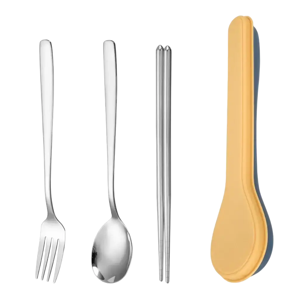 Stainless steel fork with a polished finish and four tines from korean style portable stainless steel cutlery set
