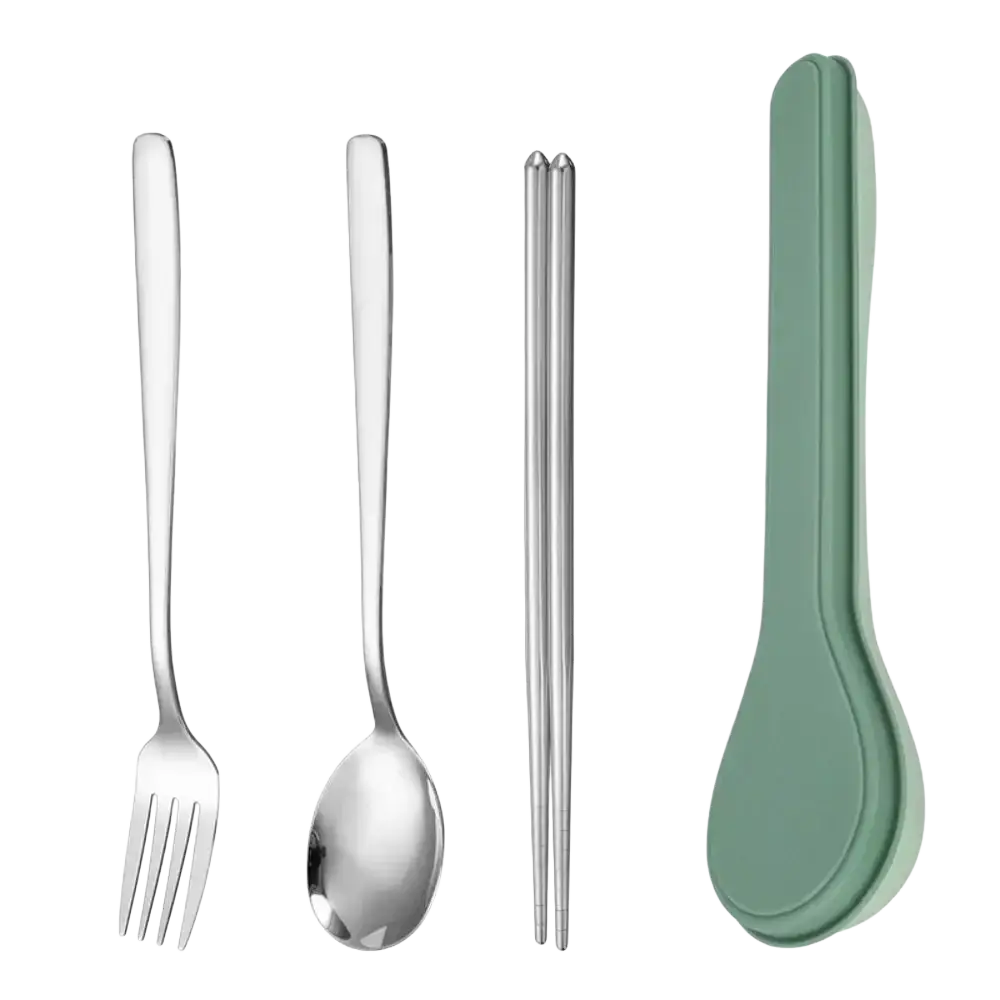 Silver stainless steel fork spoon and chopsticks set in a sage green silicone case korean style portable cutlery set