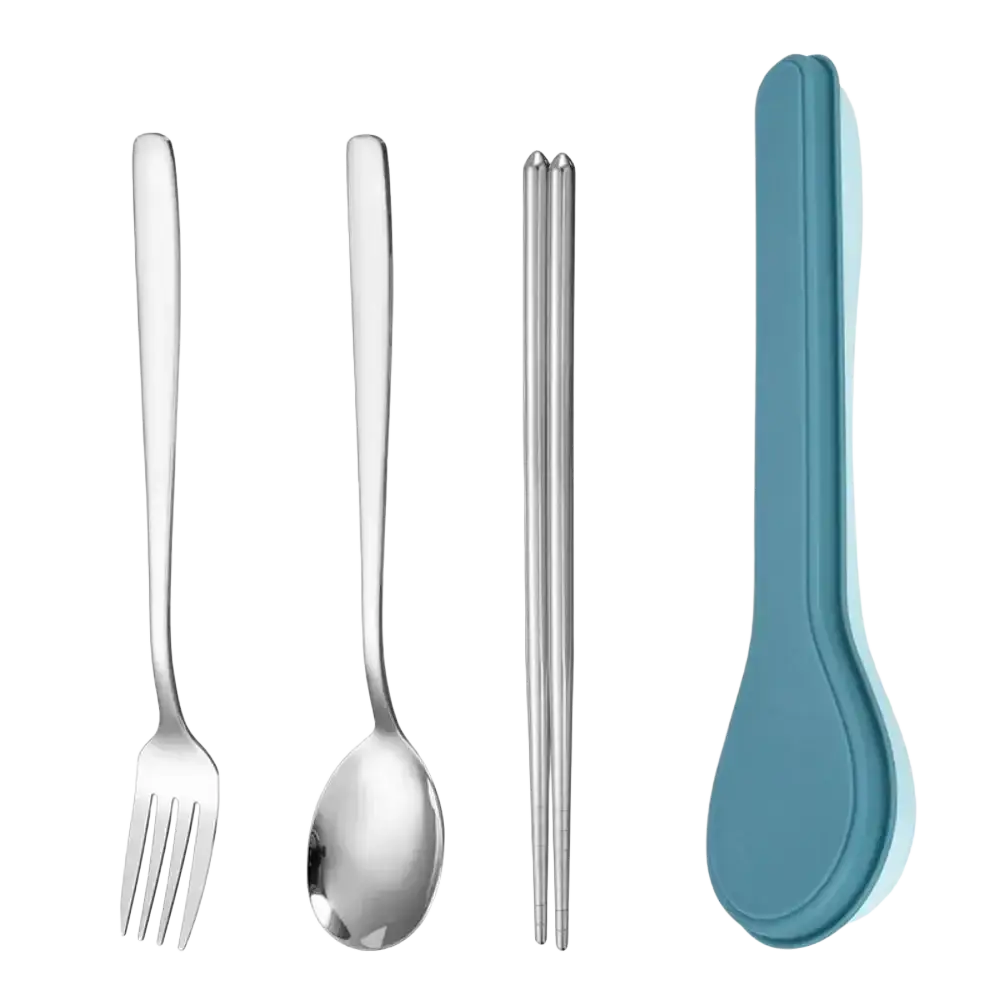 Korean style portable stainless steel cutlery set with silver fork spoon chopsticks and teal silicone carrying case