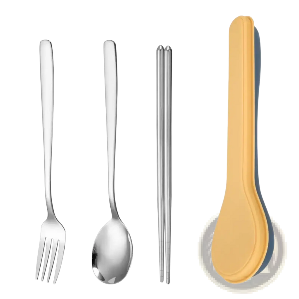 Stainless steel fork with a polished finish and four tines from korean style portable stainless steel cutlery set