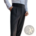 Black pleated Korean style slim fit men trousers with a wide belt featuring two silver toned buttons
