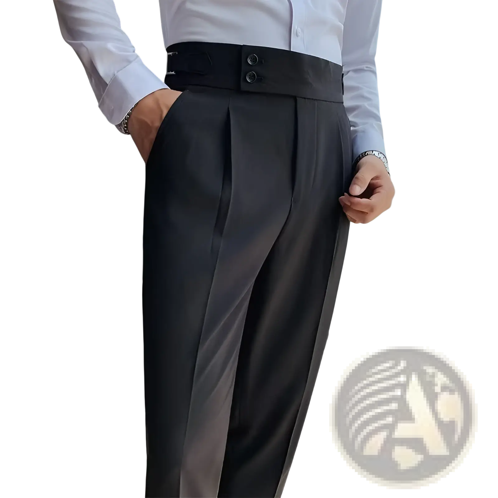 Black pleated Korean style slim fit men trousers with a wide belt featuring two silver toned buttons