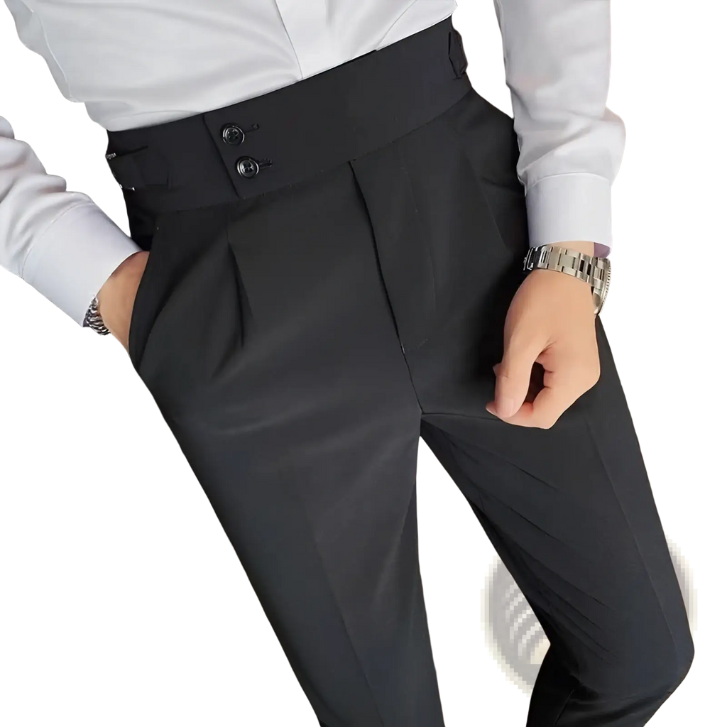 Black tailored korean style slim fit men trousers with high waist pleated front and sleek fabric finish