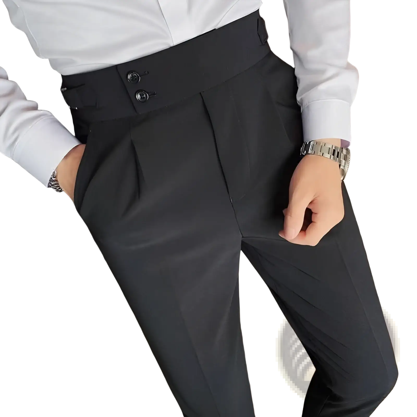 Black tailored korean style slim fit men trousers with high waist pleated front and sleek fabric finish