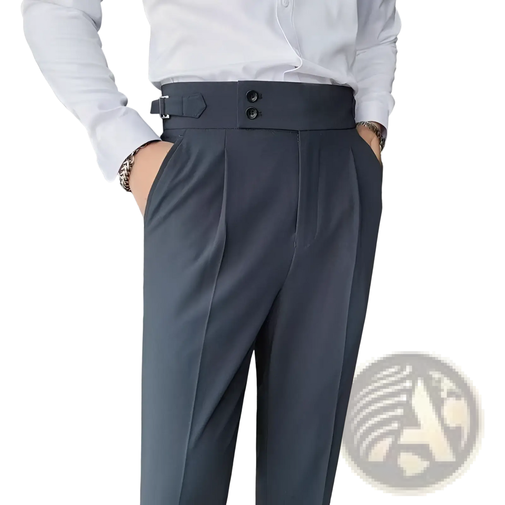 Dark gray high waist tailored slim fit men trousers with belt loops and two black buttons in Korean style