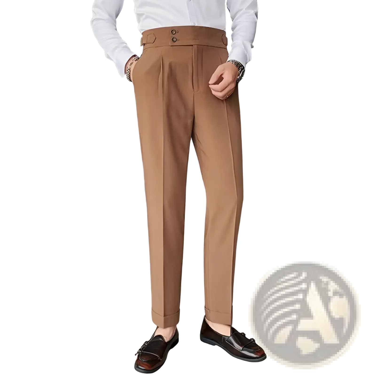 Tan high-waisted Korean style slim fit men trousers with tailored fit and pleated front for formal wear