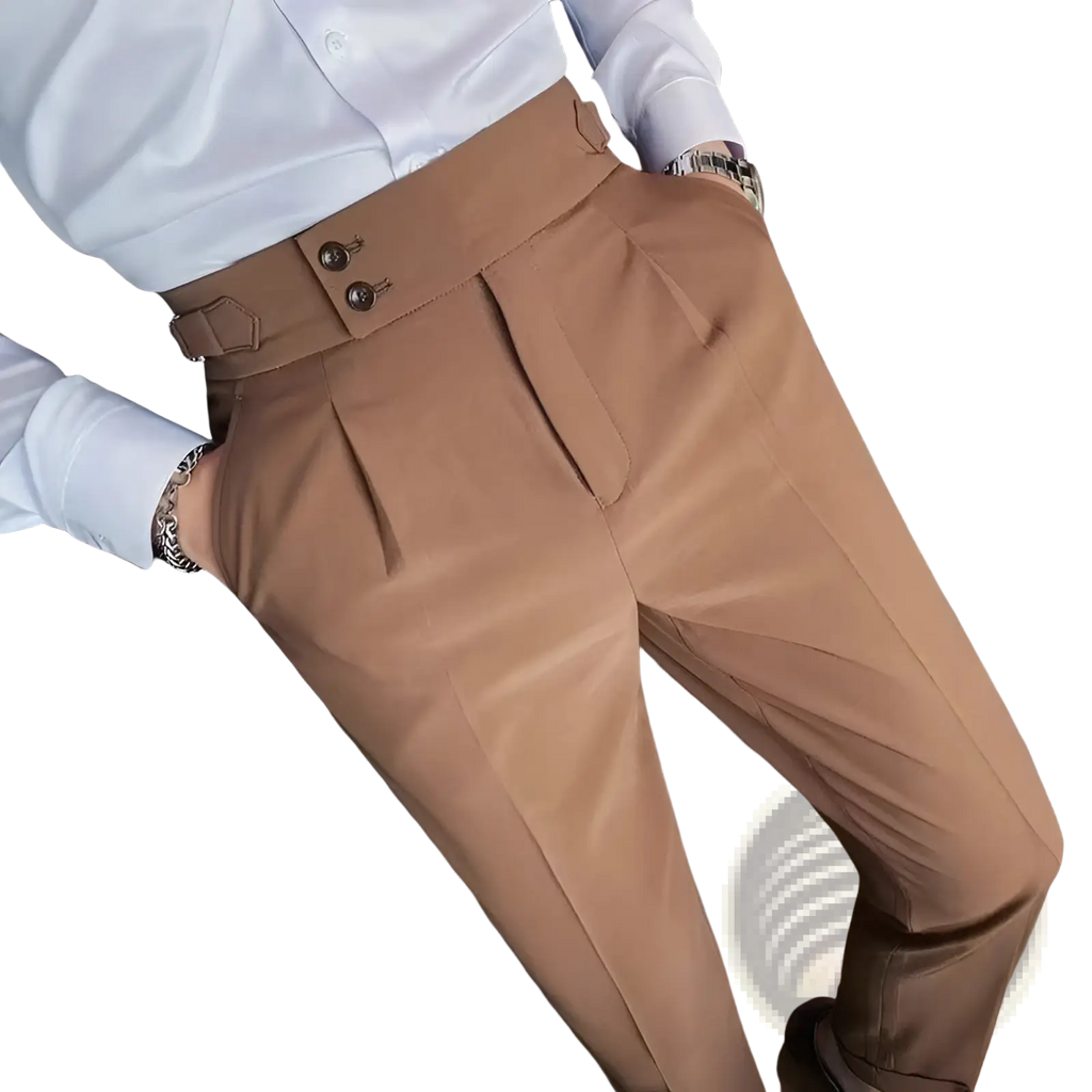 Tan high-waisted Korean style slim fit men trousers with structured belt and double-button closure