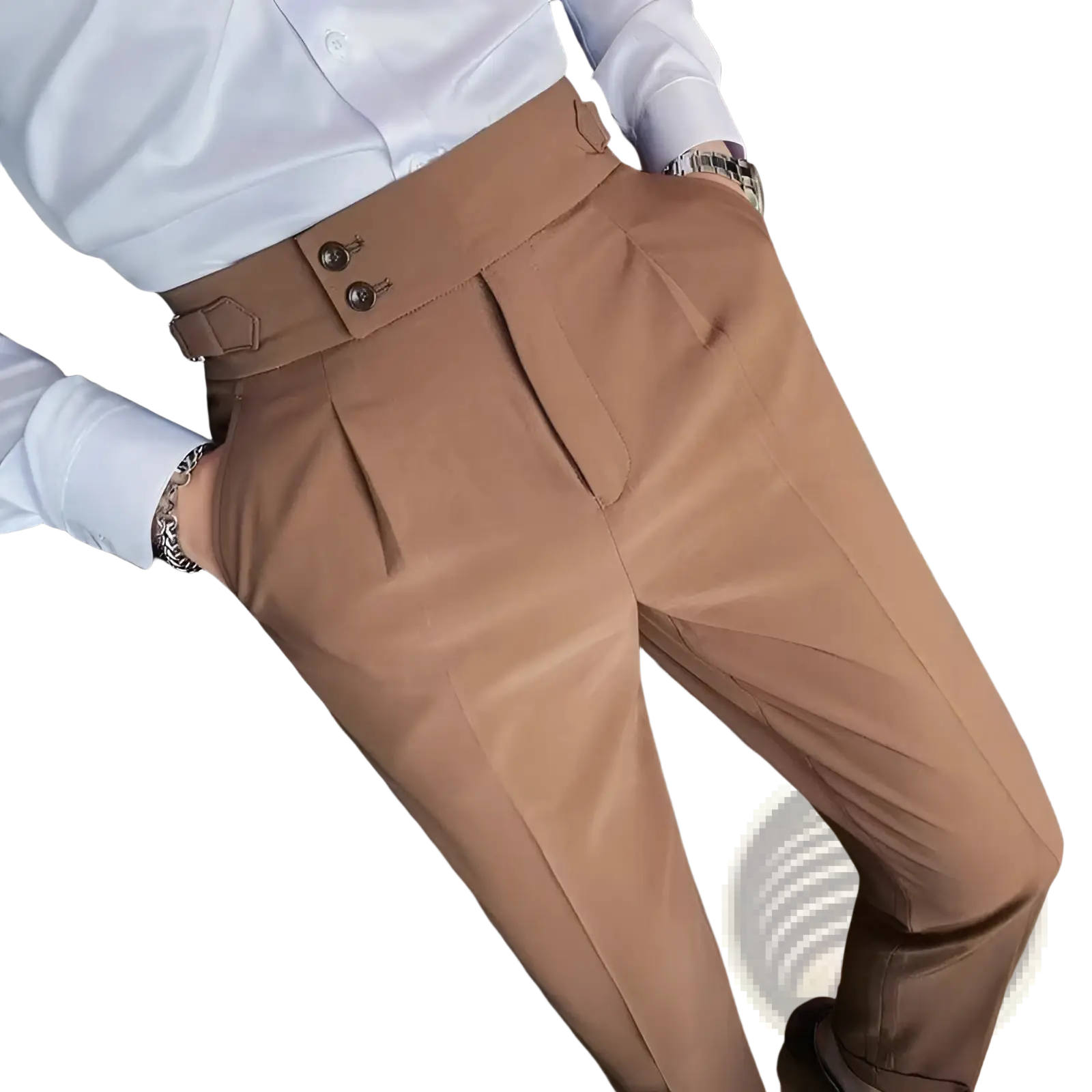 Tan high-waisted Korean style slim fit men trousers with structured belt and double-button closure