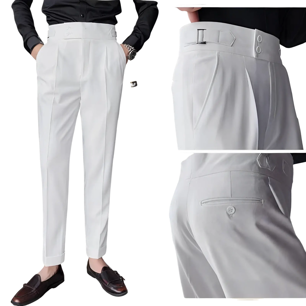 White tailored Korean style slim fit men trousers with high waist pleated front and buttoned belt loop detail