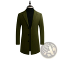 Olive green woolen men’s overcoat with black buttons and notched lapel korean style slim trench coat