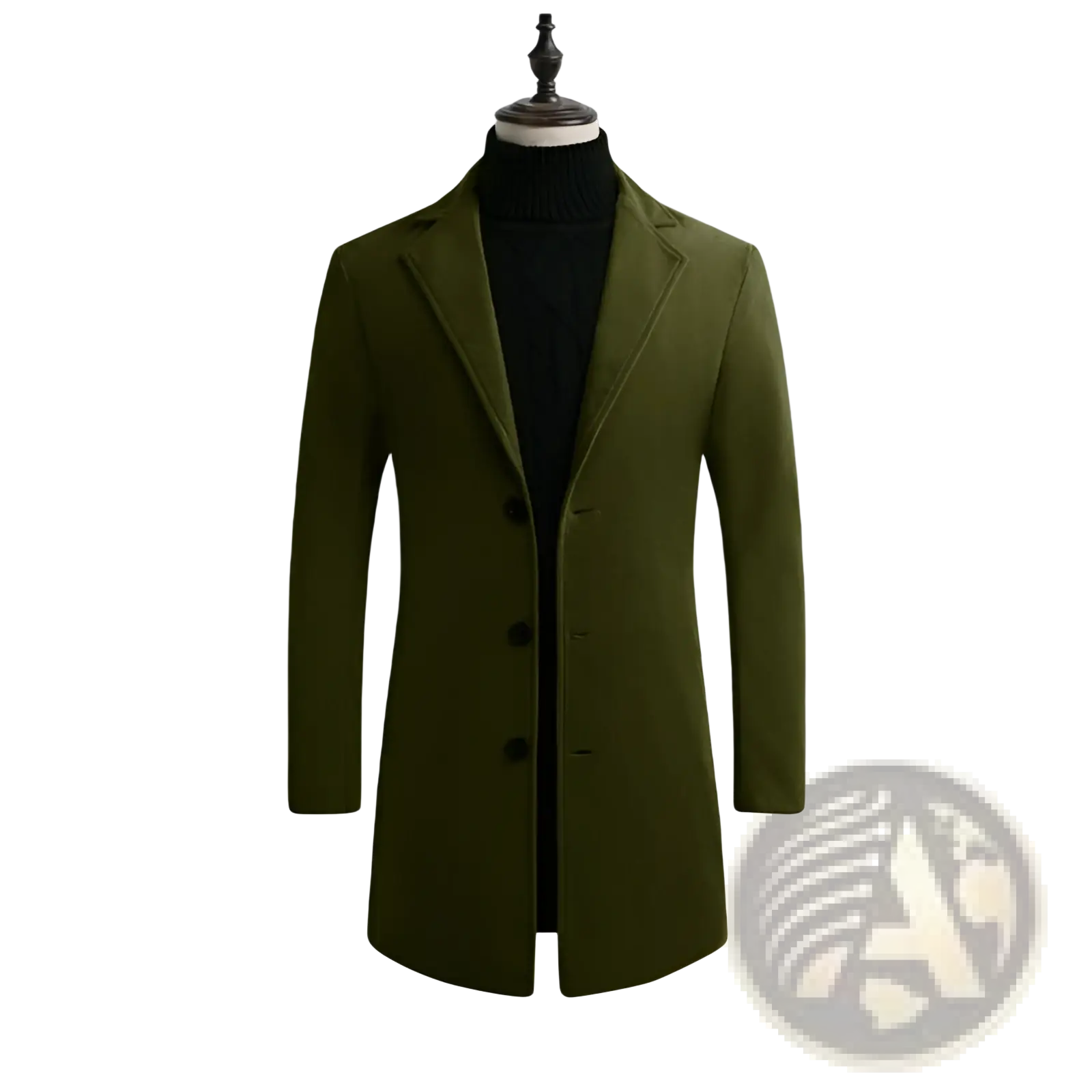 Olive green woolen men’s overcoat with black buttons and notched lapel korean style slim trench coat