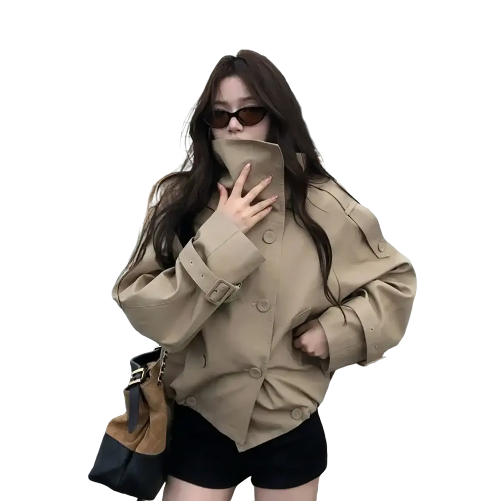 Beige korean style trench coat with belted cuffs and button closures made from utility fabric for versatile wear