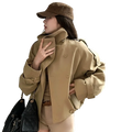 Tan korean style trench coat with high collar, double-breasted front, and adjustable cuffs in beige utility jacket design
