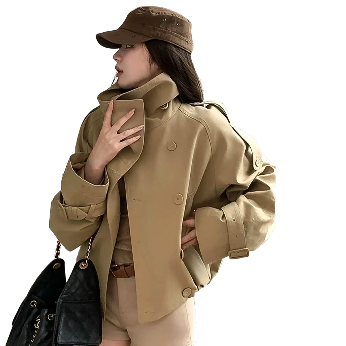 Tan korean style trench coat with high collar, double-breasted front, and adjustable cuffs in beige utility jacket design