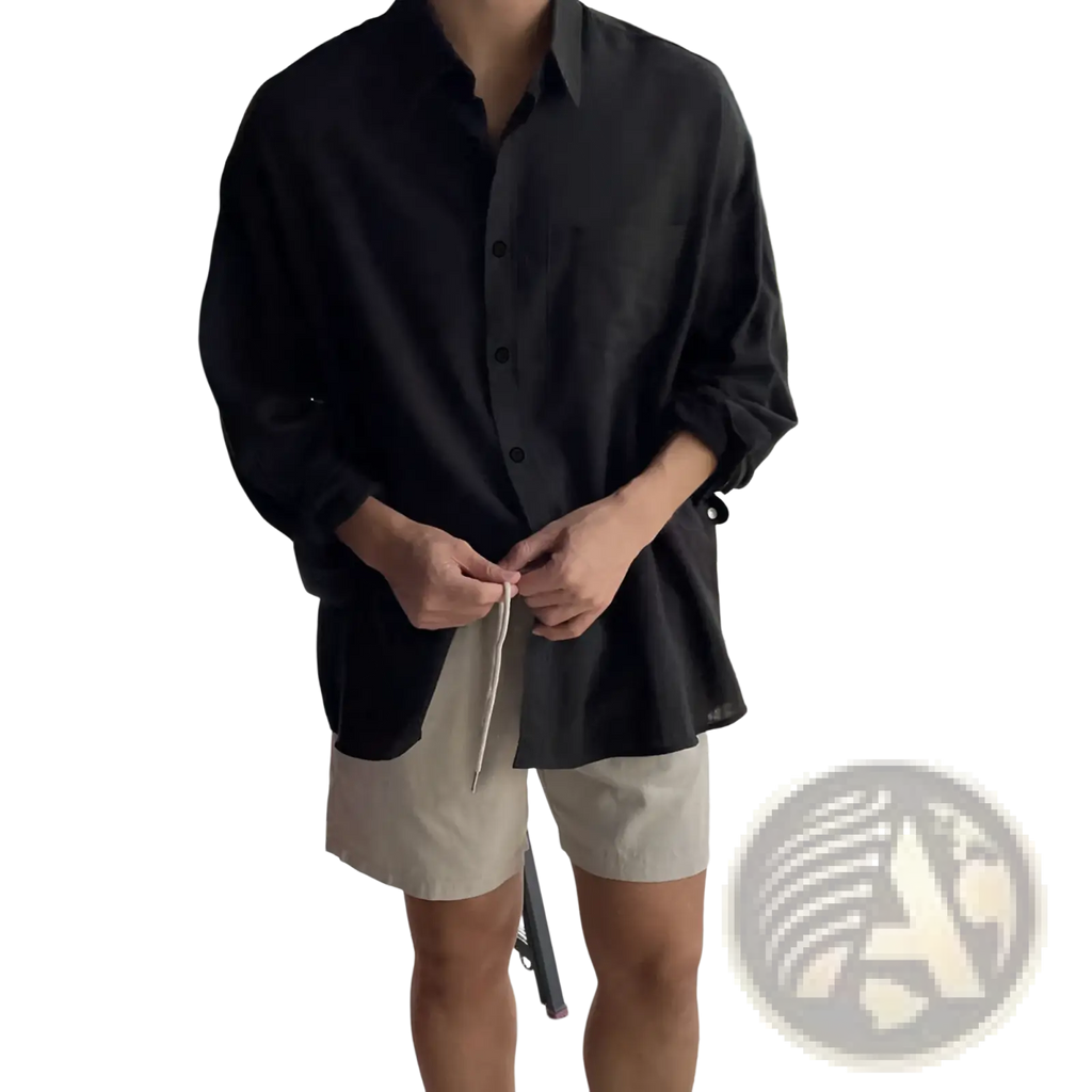 Black oversized button-up shirt with rolled sleeves and drawstring waistband in korean style white linen fabric