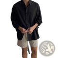 Black oversized button-up shirt with rolled sleeves and drawstring waistband in korean style white linen fabric