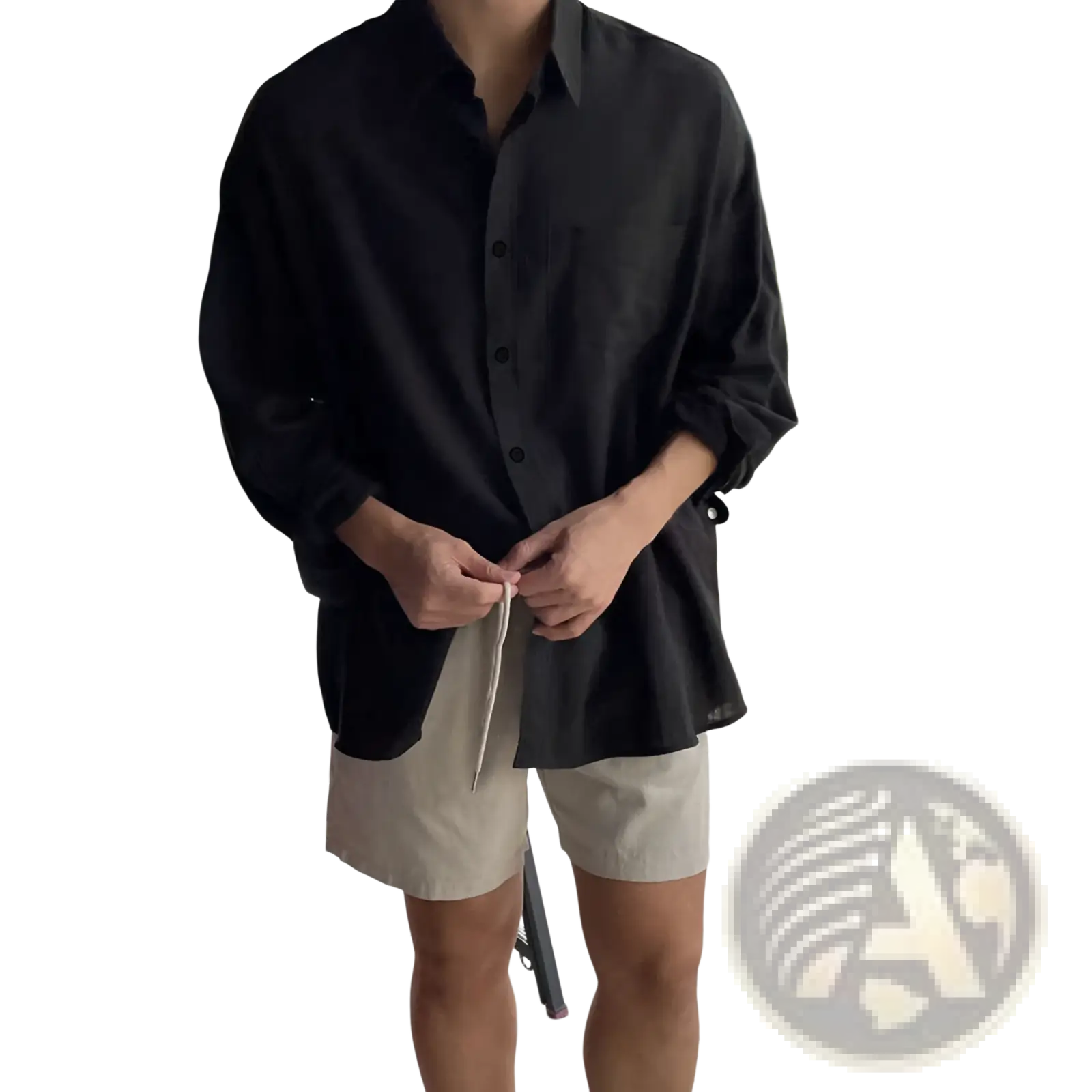 Black oversized button-up shirt with rolled sleeves and drawstring waistband in korean style white linen fabric
