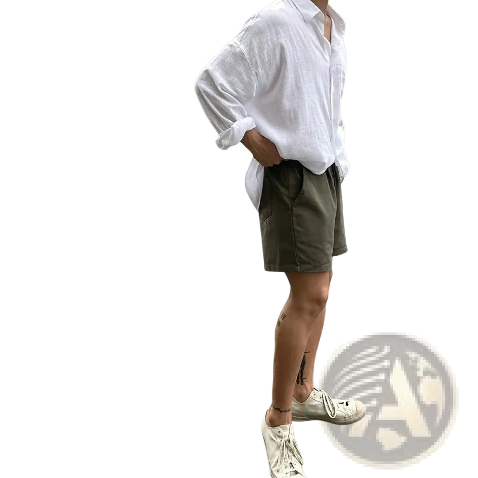 Olive green cargo shorts paired with korean style white linen button up shirt for casual summer wear