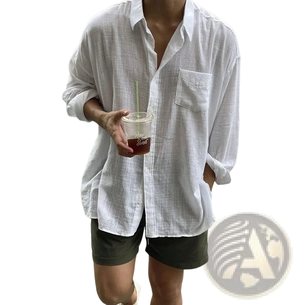 Korean style white linen button up shirt with relaxed fit and chest pocket for casual wear