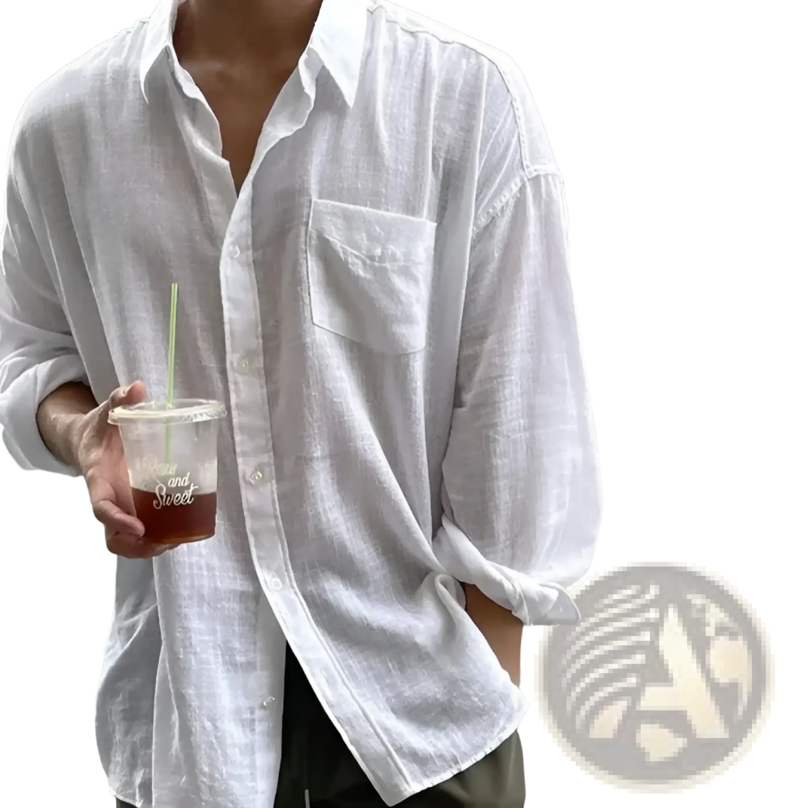 Korean style white linen button up shirt with rolled sleeves and a chest pocket for a casual look