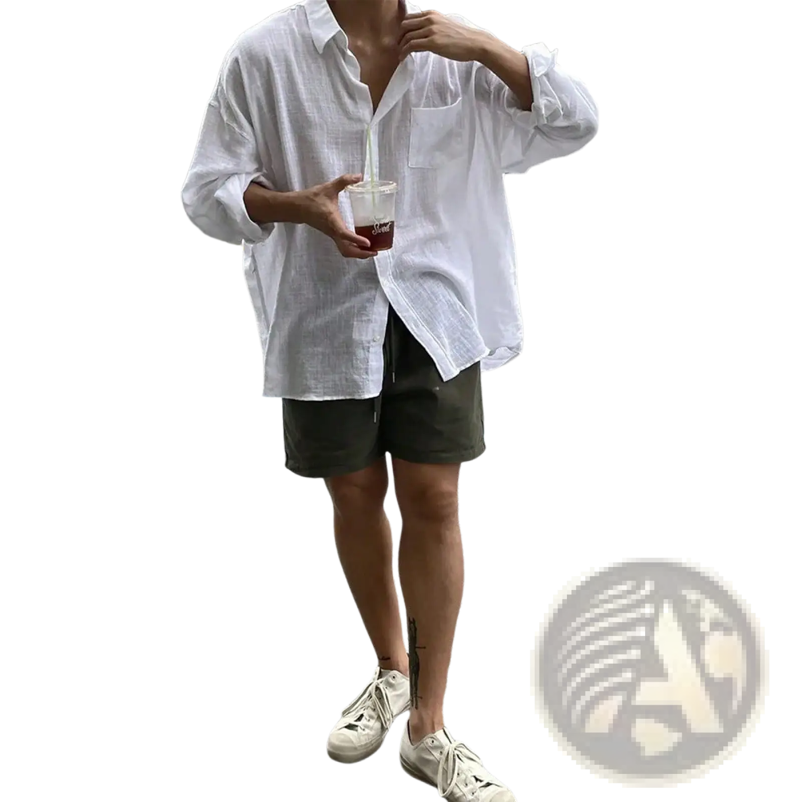Korean style white linen button up shirt with rolled sleeves and chest pocket for a casual and breathable look