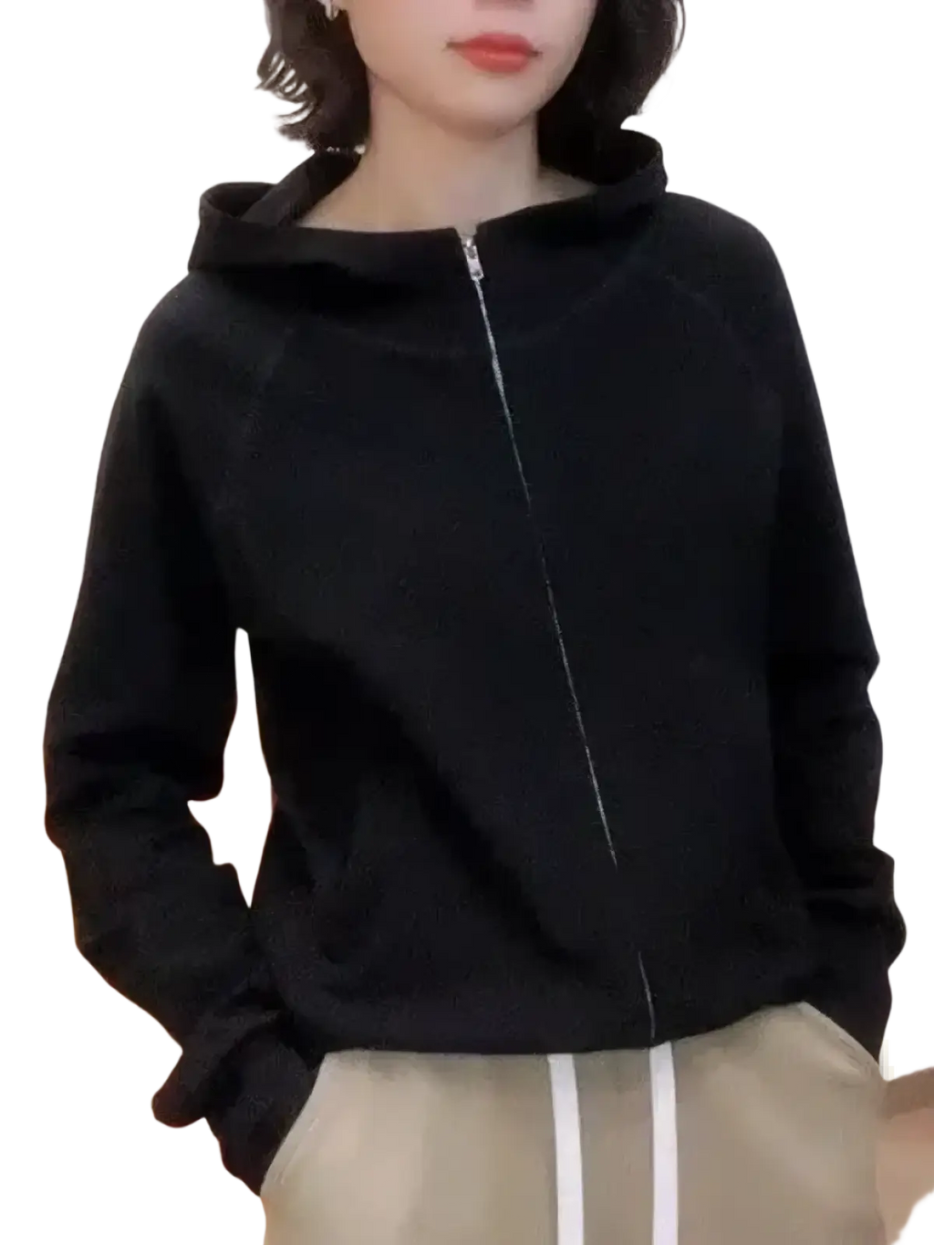 Black Korean style zip hoodie with soft textured fabric and subtle white zipper trim in a loose fit sweatshirt design