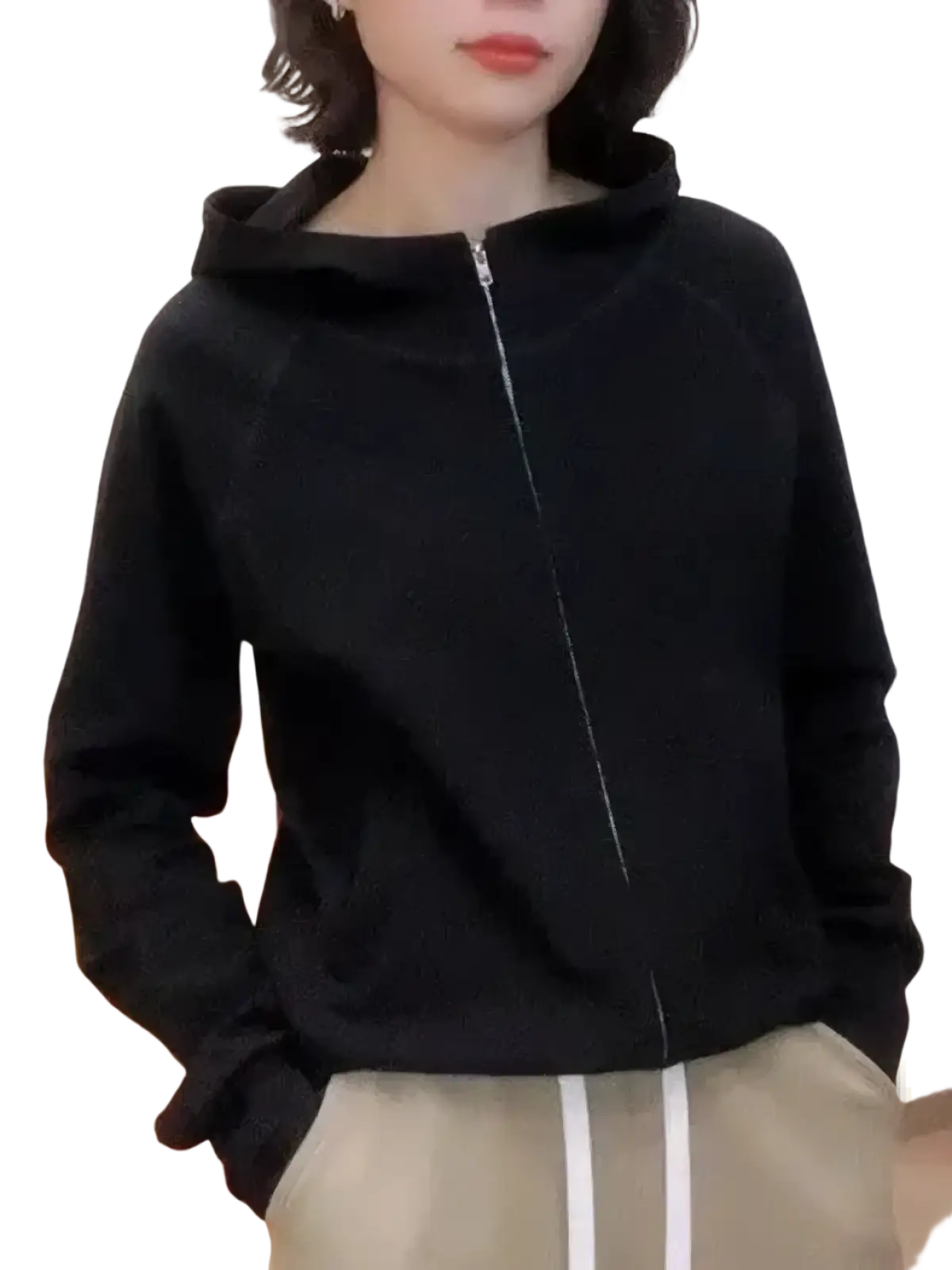 Black Korean style zip hoodie with soft textured fabric and subtle white zipper trim in a loose fit sweatshirt design