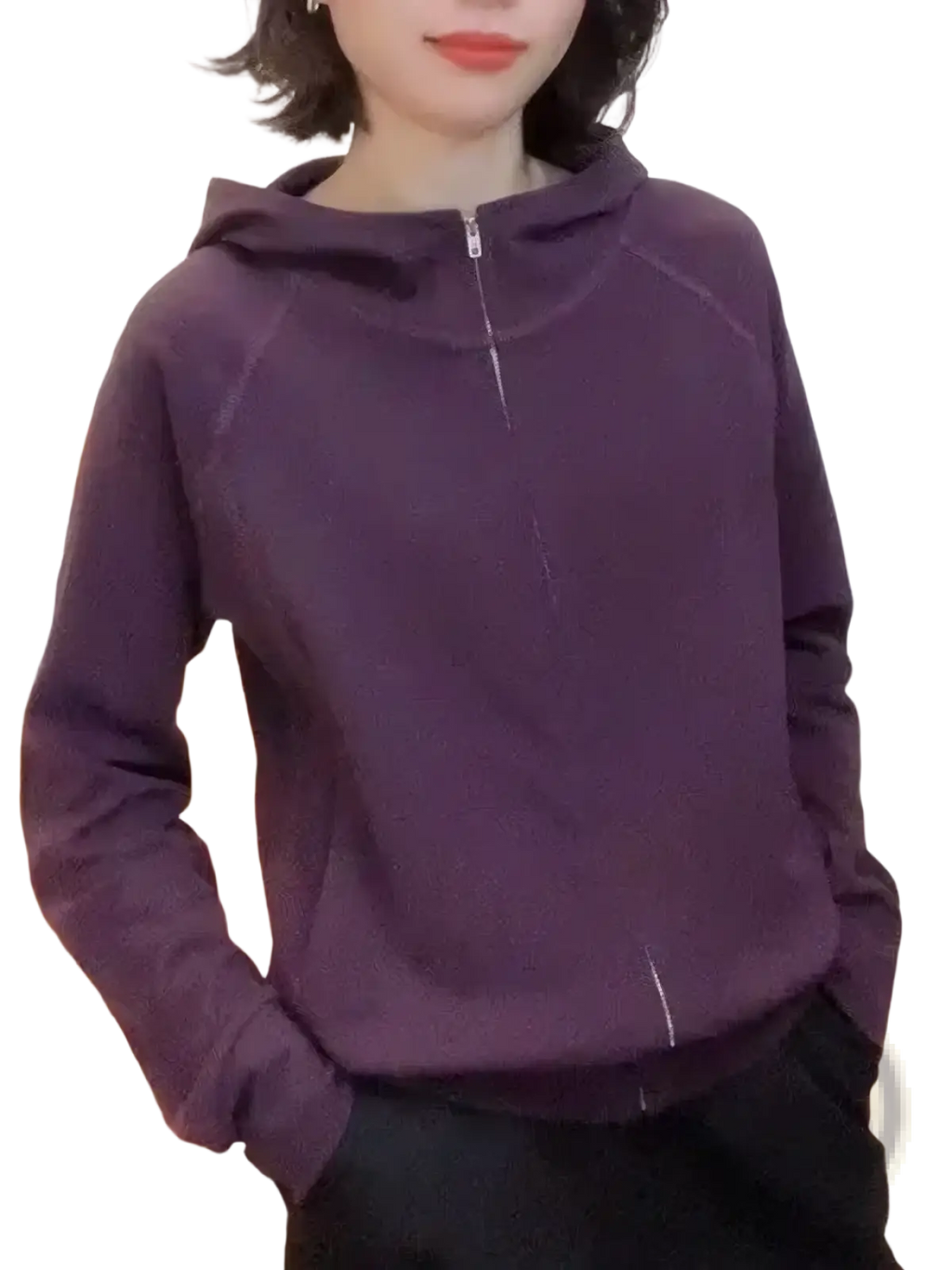 A deep purple Korean style zip hoodie with long sleeves, half-zip front, loose fit, and subtle seam detailing