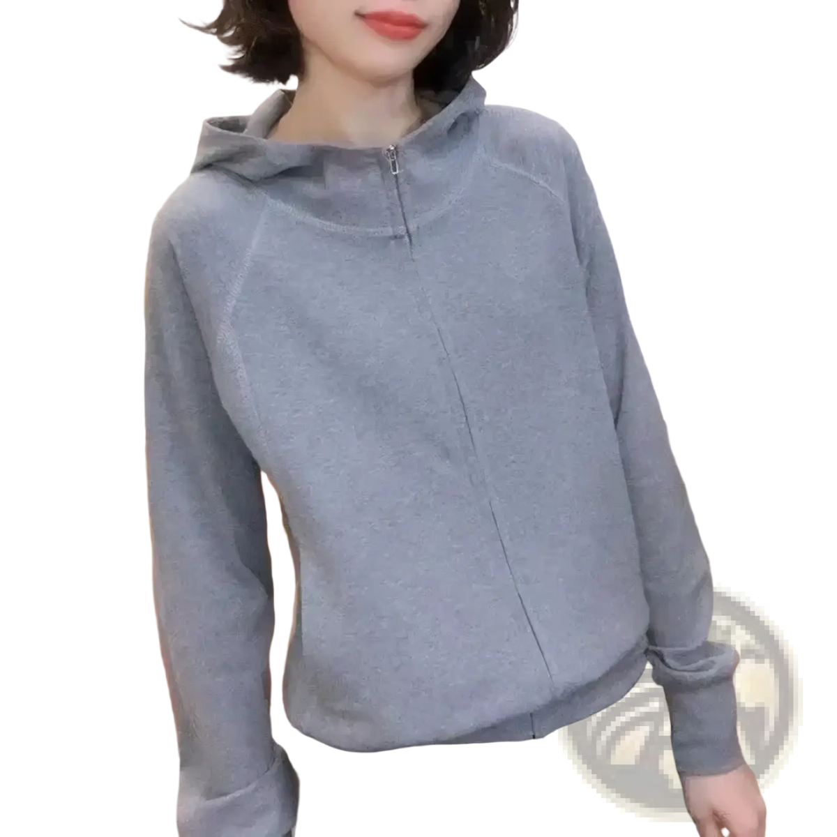 Gray Korean style zip hoodie with long sleeves and soft textured fabric in a loose fit sweatshirt design