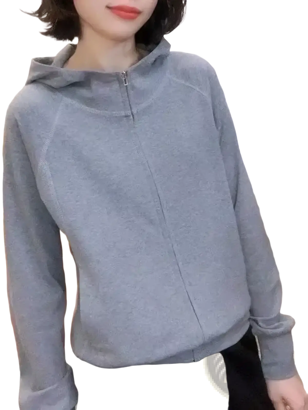 Korean style zip hoodie loose fit sweatshirt in soft gray heathered fabric with subtle seam detail and ribbed cuffs