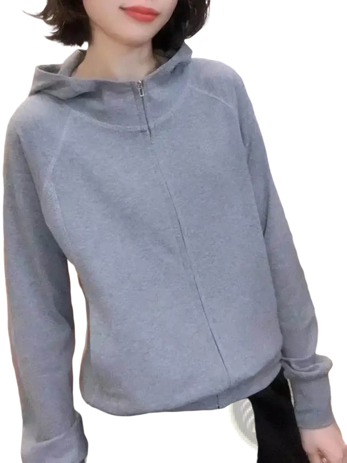 Korean style zip hoodie loose fit sweatshirt in soft gray heathered fabric with subtle seam detail and ribbed cuffs