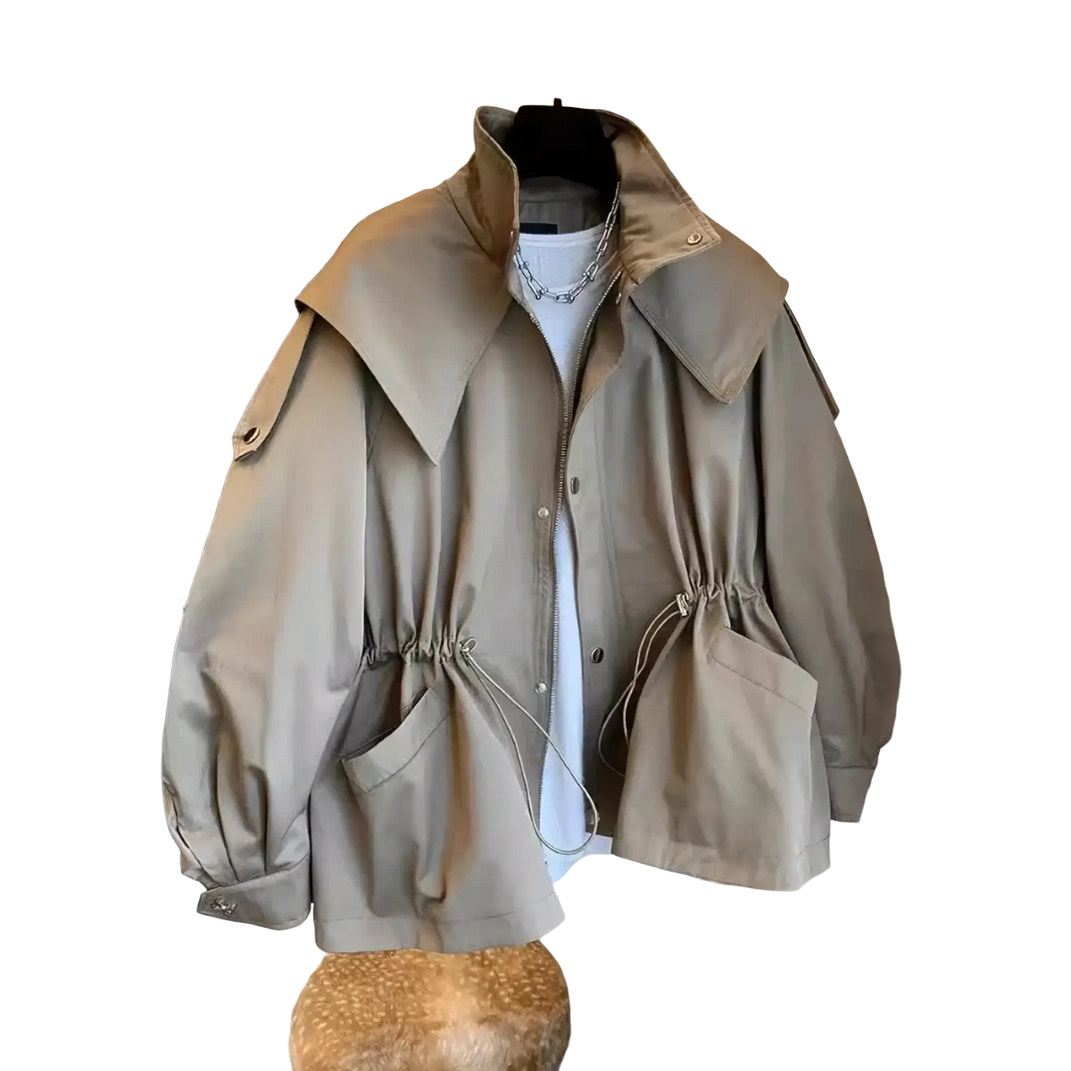 Beige korean trench coat with wide collar drawstring waist and pockets casual loose windbreaker design