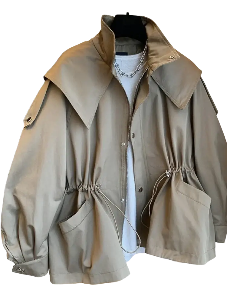 Beige korean trench coat casual loose windbreaker with wide collar drawstring waist and pockets for everyday wear