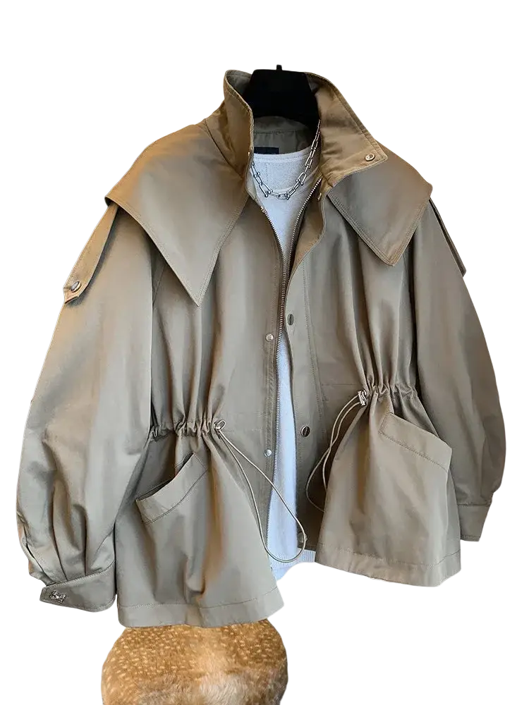 Beige korean trench coat casual loose windbreaker with wide collar drawstring waist and pockets