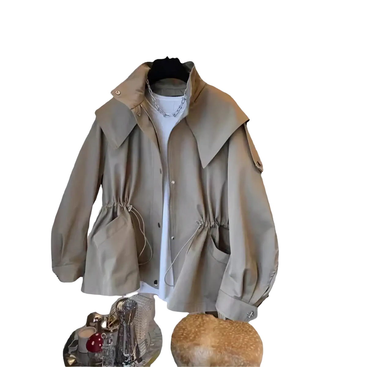 Beige korean trench coat casual loose windbreaker with wide collar drawstring waist and buttoned cuffs