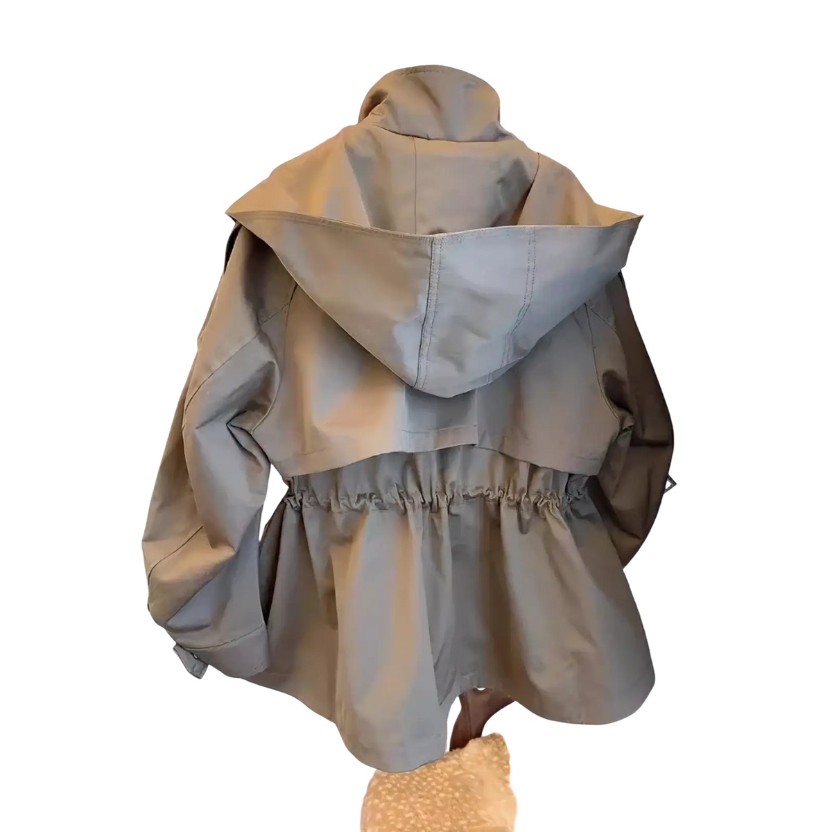 Beige hooded korean trench coat with cinched waist and relaxed fit casual loose windbreaker for everyday wear